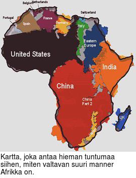 Kartta, joka antaa hieman tuntumaa siihen, miten valtavan suuri manner Afrikka on.