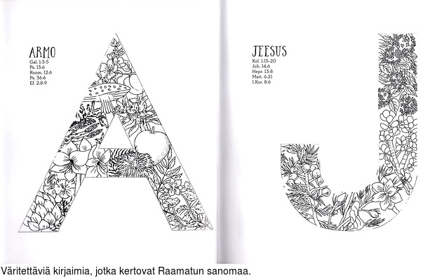 Vritettvi kirjaimia, jotka kertovat Raamatun sanomaa.