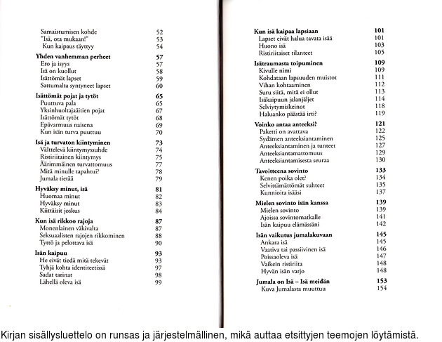 Kirjan sisllysluettelo on runsas ja jrjestelmllinen, mik auttaa etsittyjen teemojen lytmist.