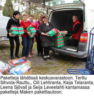 Paketteja lhdss keskusvarastoon. Terttu Sihvola-Rauttu,, Oili Lehtiranta, Kaija Telaranta, Leena Sjvall ja Seija Leveelahti kantamassa paketteja Maken pakettiautoon.